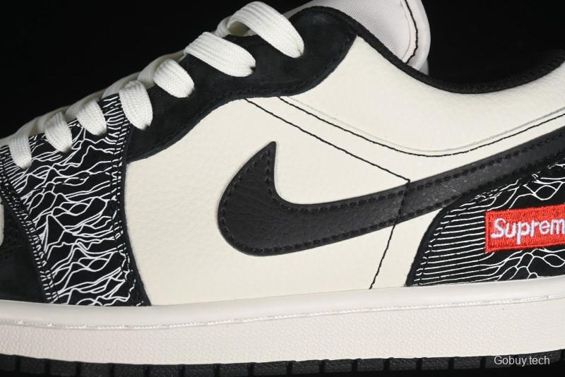 Nike Air Jordan 1 Low Supreme Collaboration - Black White Embossed Custom Retro Basketball Shoes DC2024-032