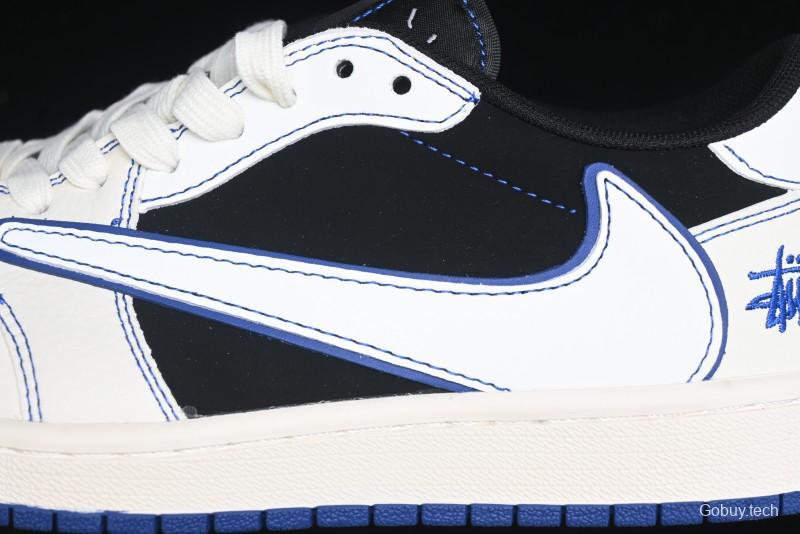 Nike Travis Scott x Fragment Design x Air Jordan 1 Low OG SP AJ1 Stussy Collaboration - Black Blue Line Low Top Casual Sneakers - SJ2068-113