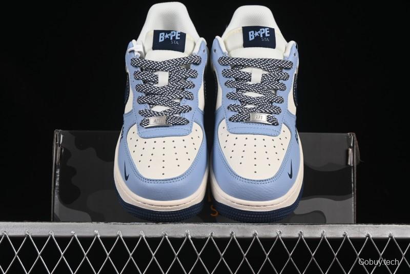 Nike Air Force 1 '07 Low Bape Collaboration Light Blue Swoosh Casual Sneakers - XS1958-554