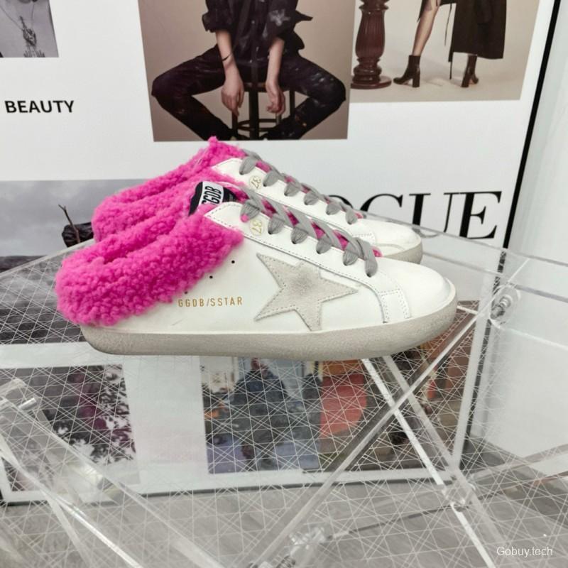 2025 Women GGDB White Pink Shearling Leather Sneakers