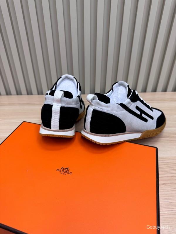 2025 Unisex Hermès Black White Suede Goat Leather Sneakers Top Version LY00310