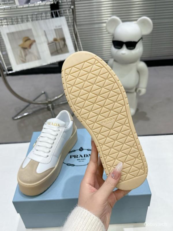 2025 Women Prada White Beige Leather Suede Sneakers