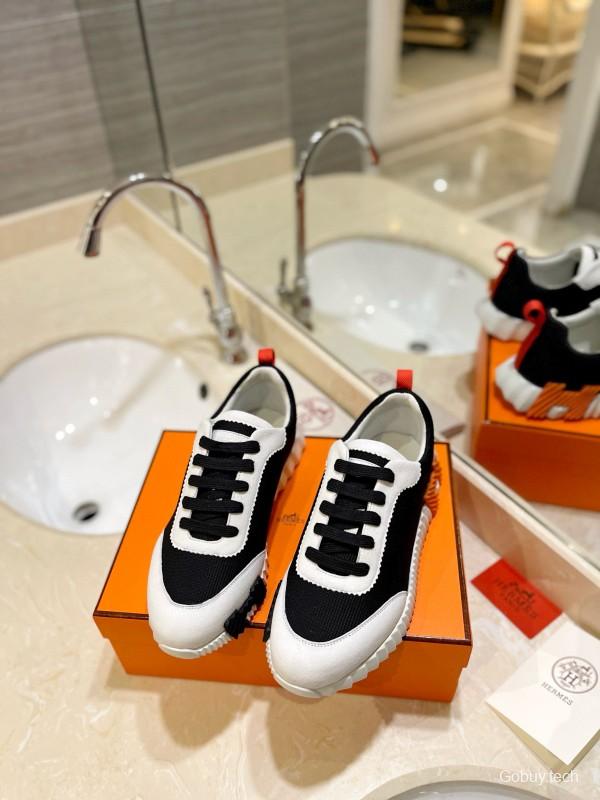 2024 Unisex Hermès black white leather mesh sneakers