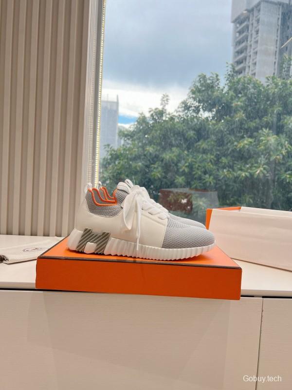 2024 Unisex Hermès Gray White Orange Calf Leather Suede Knit Sneakers MJ00290