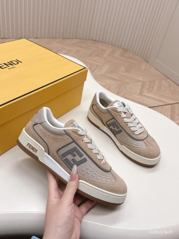 2025 Unisex Fendi Beige Light Brown Leather Suede Plimsolls FF Logo LY00350(F)/LY00360(M)