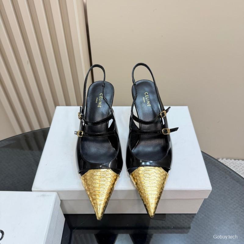 2025 Women CELIN* Black Gold Leather Pointed Toe Slingback Heels