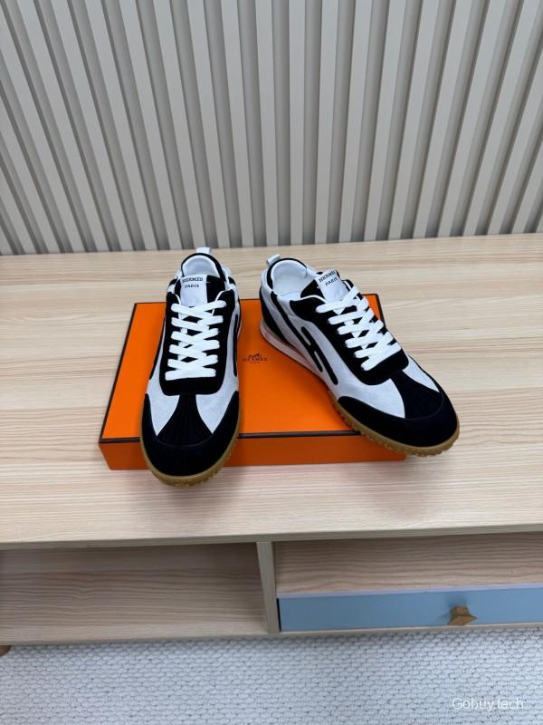 2025 Unisex Hermès Black White Suede Goat Leather Sneakers Top Version LY00310
