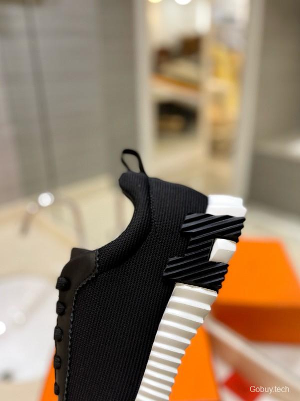 2024 Unisex Hermès Black Imported Glazed Calfskin Imported Rain Velvet Casual Sneakers MJ00320