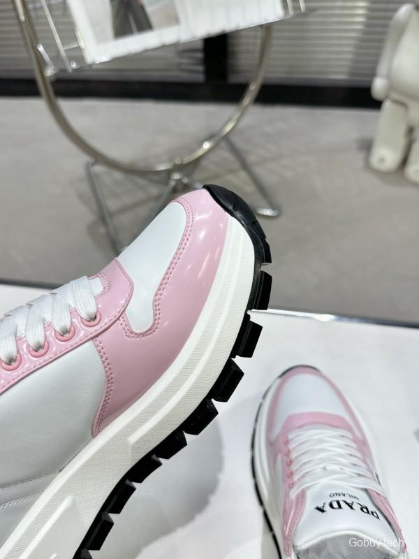 2025 Women Prada White Pink Leather Sneakers