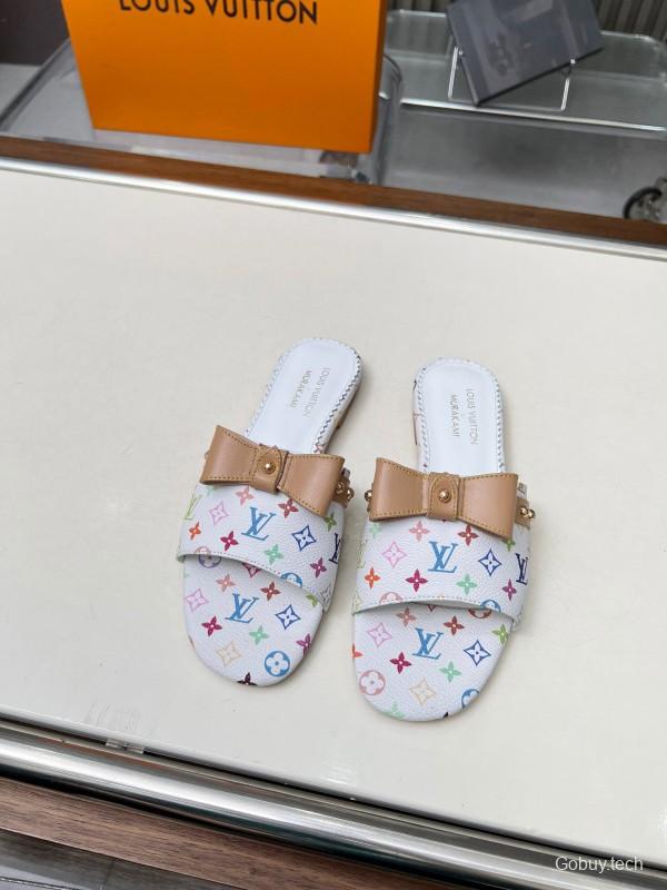 2025 Women Louis Vuitton White Multicolor Leather Slippers Monogram LY00200