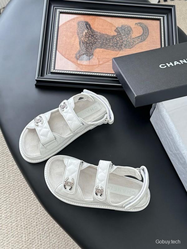 2025 Women Chanel White Leather Sandals LY00320