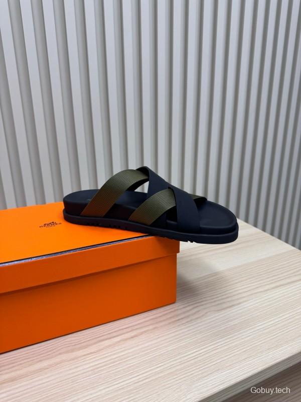 2025 Men Hermès Black Green Fabric Leather Slippers