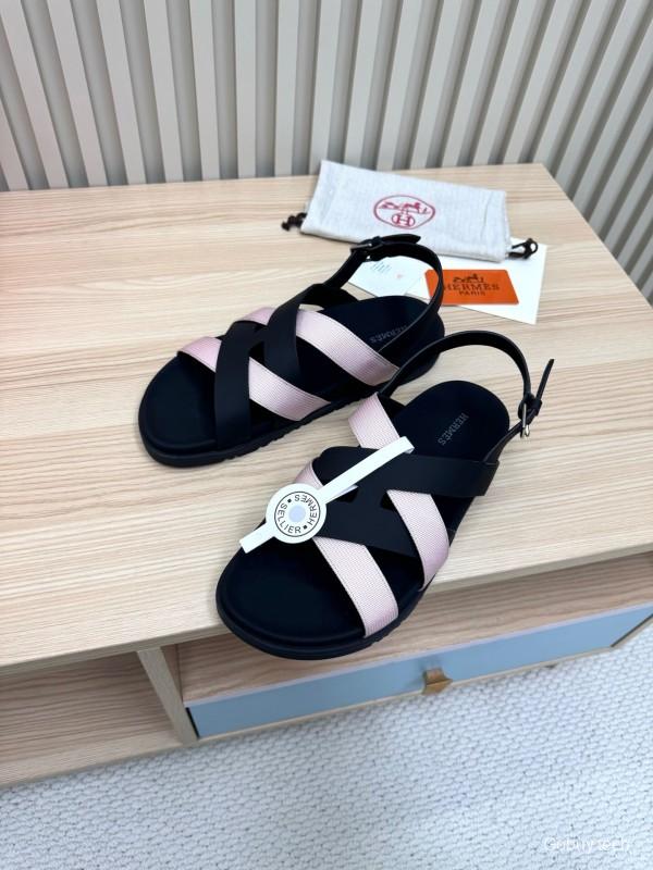 2025 Women Hermès Black Pink Leather Sandals LY00270
