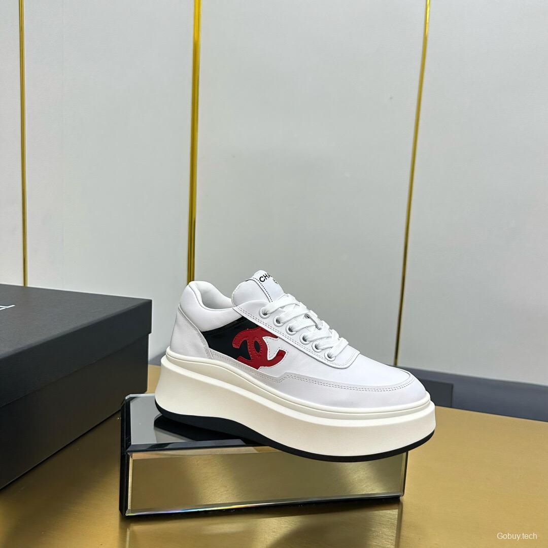 2025 Women Chanel White Black Red Leather Sneakers