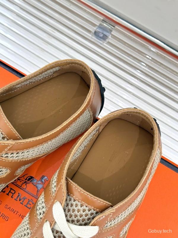 2025 Women Hermès Beige Brown Leather Mesh Casual Shoes