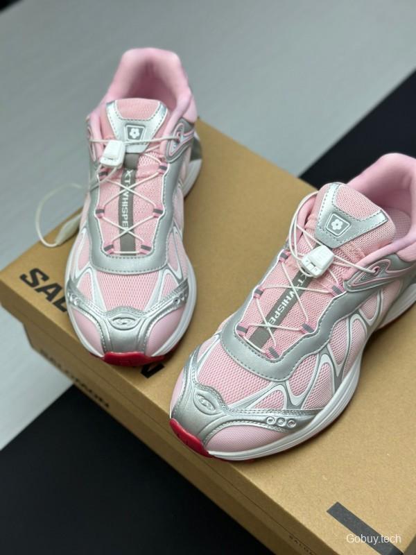 2025 Women SALOMON Pink White Leather Mesh Sneakers KFY00320